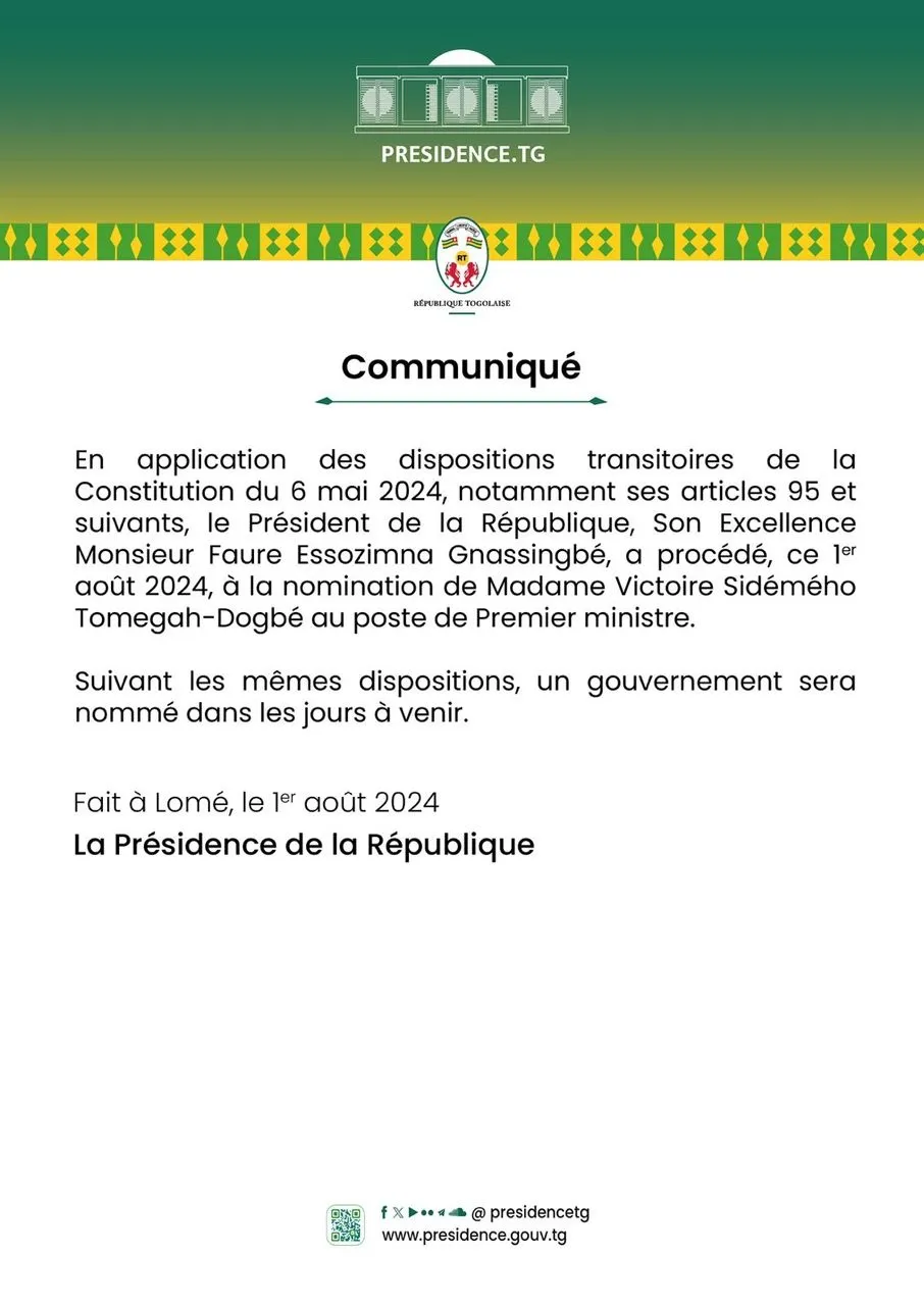 Victoire Sidémého Tomegah-Dogbé est visiblement reconduite pour un gouvernement de transition vers l’application véritable de la constitution de la 5e république.